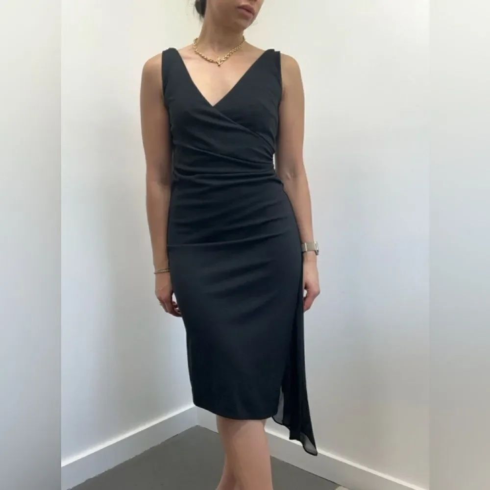Express Vintage 90's/Y2K Black Asymmetric Ruched Sleeveless V-neck Dress Size S